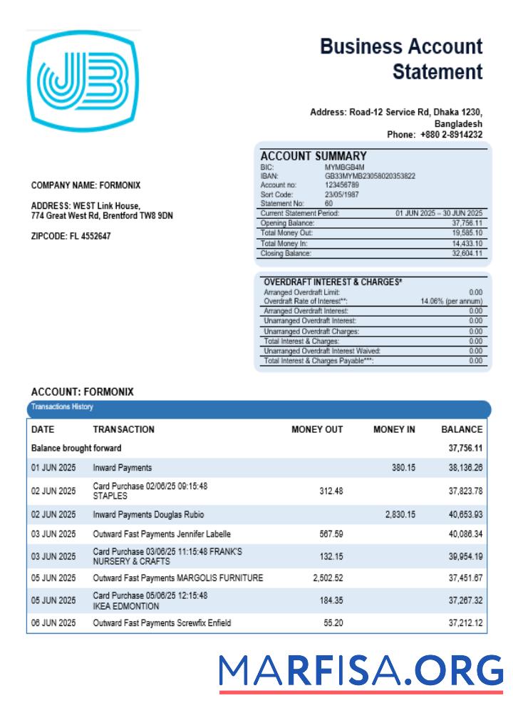 Realistic Janata bank business bank statement Word and PDF format template
